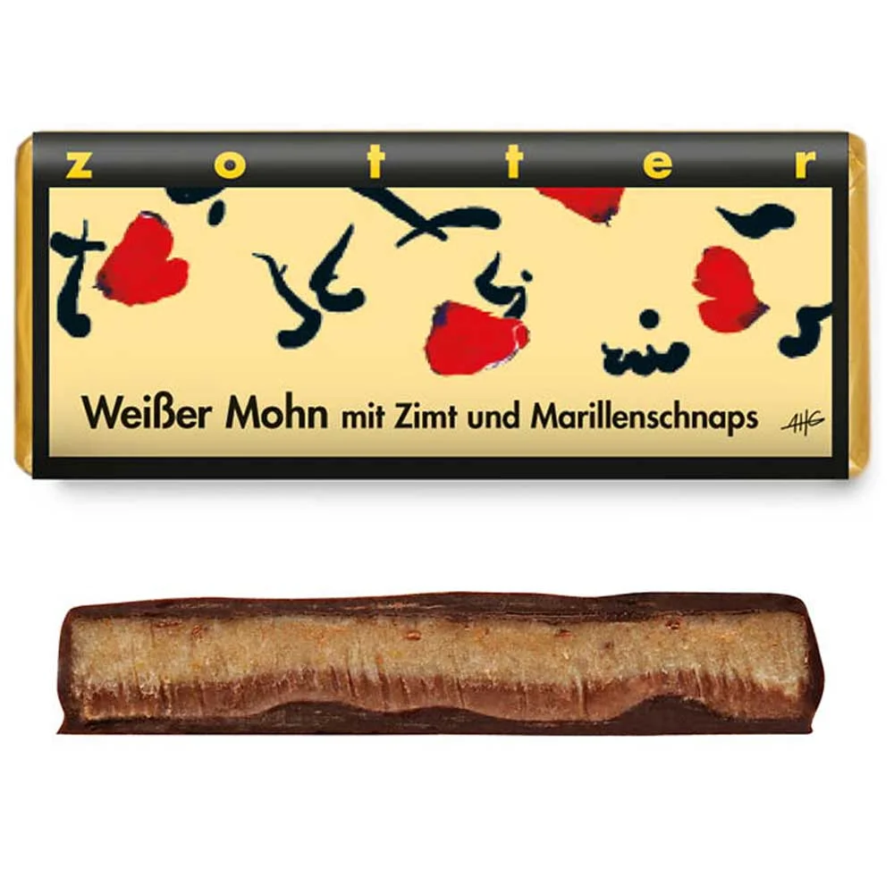 Weißer Mohn mit Zimt und Marillenbrand von Zotter Schokolade