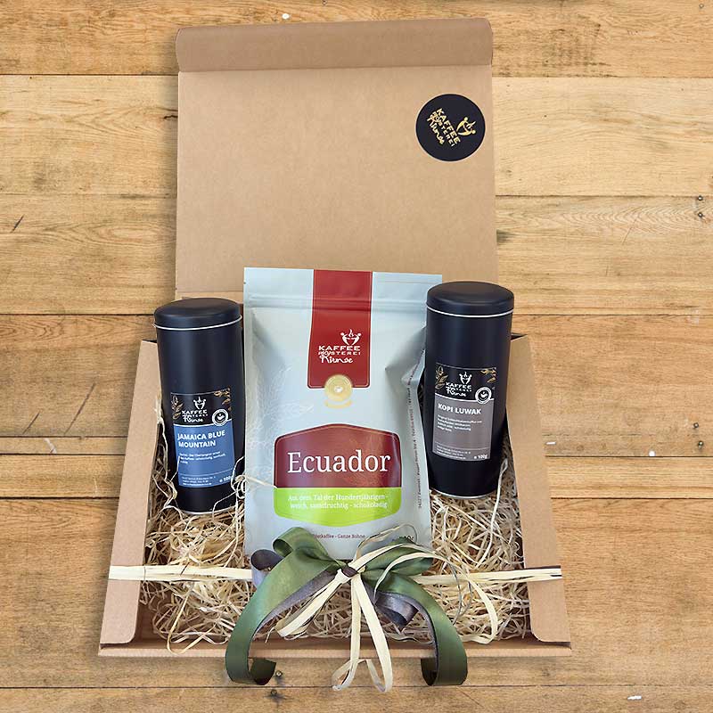 Kaffee Geschenke Set im Naturkarton - Kaffee Raritäten - 1 x 500g Ecuador, 1 x 100g Kopi Luwak + 1 x 100g Jamaika Blue Mountain