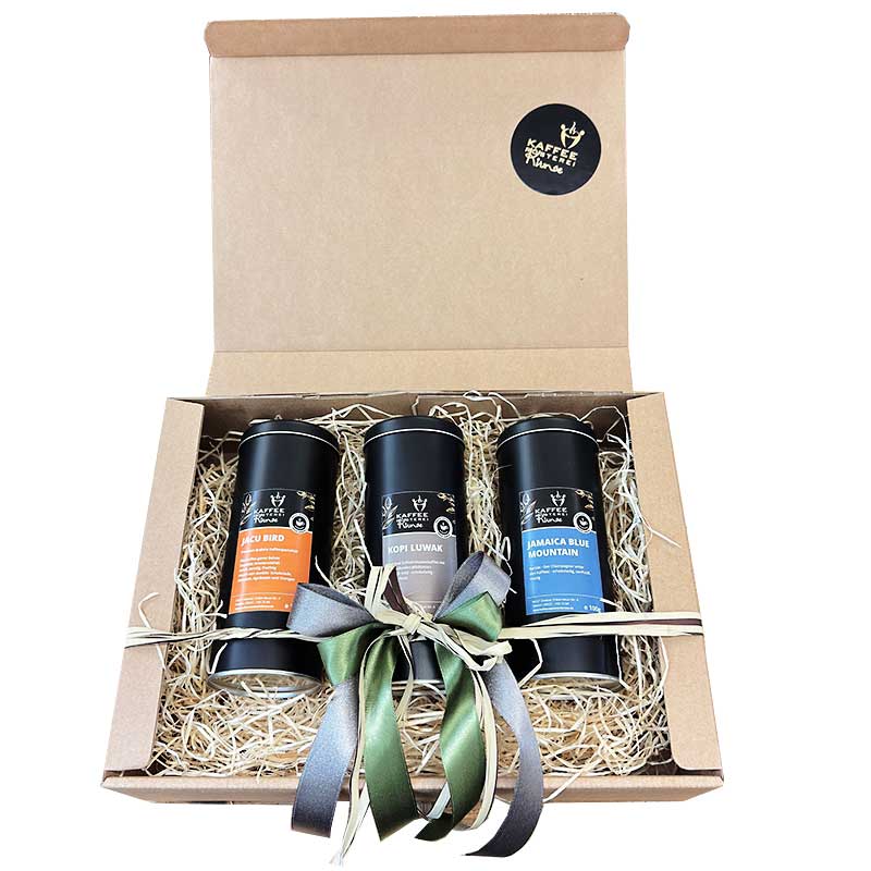 Dárkový kávový set v přírodním kartonu – Kávové rarity – 3 x 100 g Kopi Luwak, Jacu Bird a Jamaica Blue Mountain