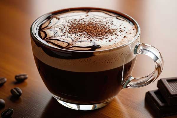 Italienischer Marocchino im transparenten Glas mit Milchschaum und Kakaopulver