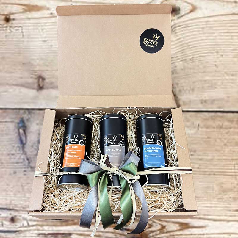 Kaffee Geschenke Set im Naturkarton - Kaffee Raritäten  – 3 x 100g Kopi Luwak, Jacu Bird & Jamaica Blue Mountain