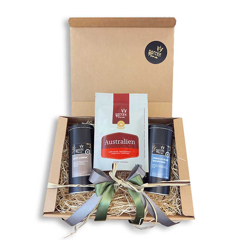 Dárkový kávový set v přírodním kartonu – Kávové rarity – 1× 250 g, 2× 100 g