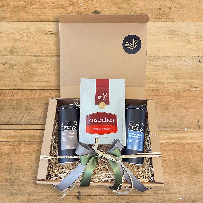 Kaffee Geschenke Set im Naturkarton - Kaffee Raritäten - 1 x 250g, 2 x 100g